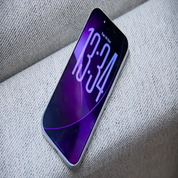 The iPhone 17 Pro shot from the front at an angle on the back of a grey sofa