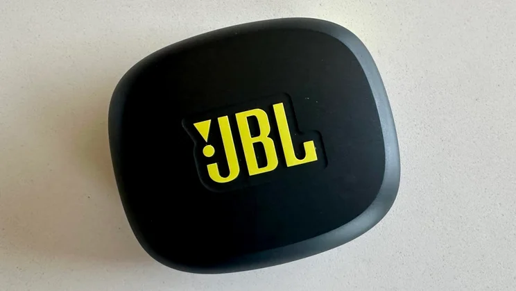 The JBL Endurance Zone's charging case with the lid closed and the JBL logo clearly visible