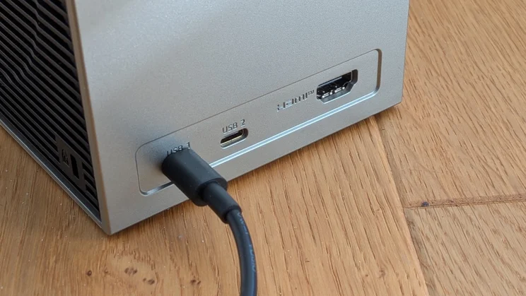 Close-up of the connection ports on the rear of the LG CineBeam S 4K projector