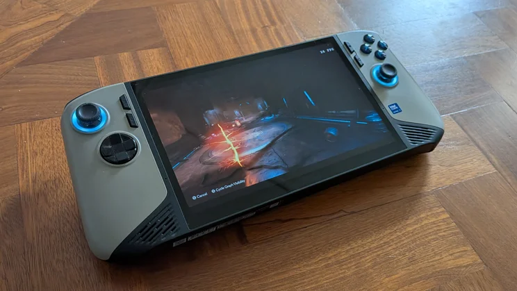 FPS being measured on the MSI Claw 8 AI+ A2VM gaming handheld while lying on a wooden table