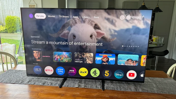 Front view of the Sony Bravia 7 TV displaying the Google TV homepage