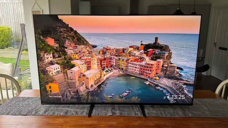 Front view of the Sony Bravia 7 TV showing a coastal town