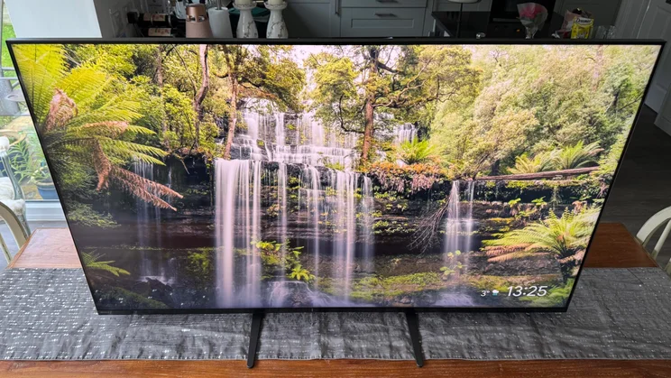 Top-down view of the Sony Bravia 7 TV showing a screensaver with small waterfalls