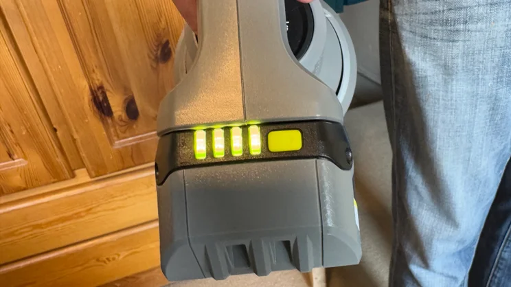 A close up of the Ryobi 18V ONE+ Cordless Stick's battery capacity gauge
