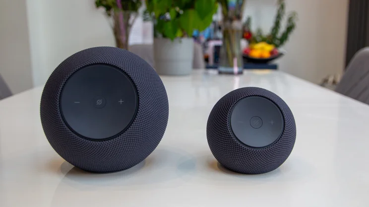 The Amazon Echo Studio 2025, next to the Echo Dot Max, pictured on a white dining table with flowers in the background