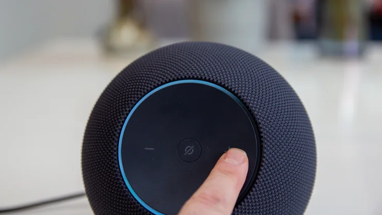 the Amazon Echo Studio 2025 with its light ring shown in white, indicating the volume level