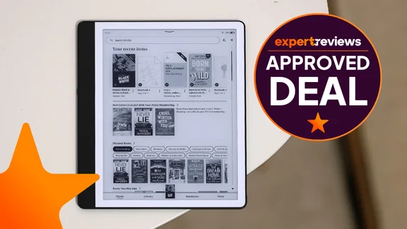 Amazon Kindle Scribe with Expert Reviews Approved Deal roundel and orange star logo