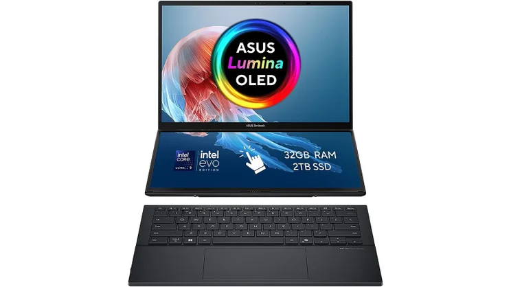 An image of the Asus Zenbook Duo 2025, from the front, in dual screen mode