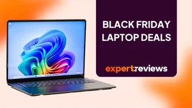 A graphic showing the Microsoft Surface Pro 7 laptop on an orange and white background and text that reads Black Friday Laptop Deals