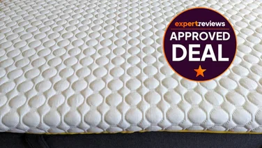 A closeup of the Eve Wunderflip Premium mattress. In the right hand corner is a badge reading Expert Reviews Approved Deal
