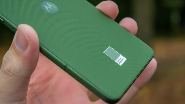 Angled view of the Motorola Edge 70, showing the rear material