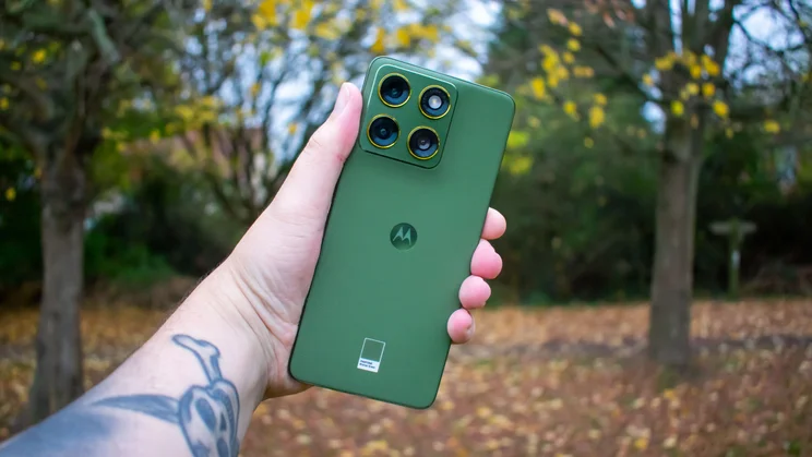 Motorola Edge 70 in hand, rear view