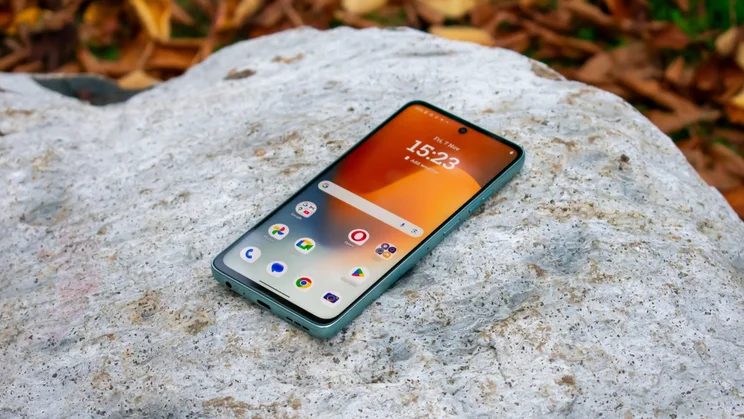 Motorola Moto G56 face up on a rock