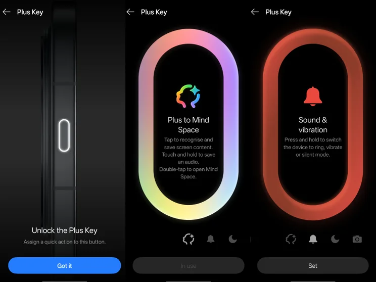 Screenshots from the OnePlus 15's Plus Key function