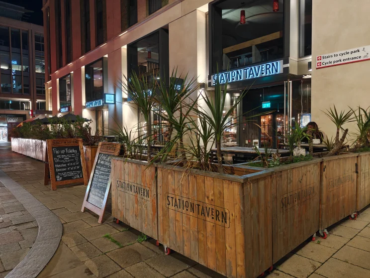 A pub beer garden at night