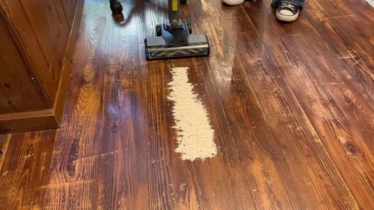 The Ryobi 18V ONE+ Cordless Stick before the flour on hard floor test