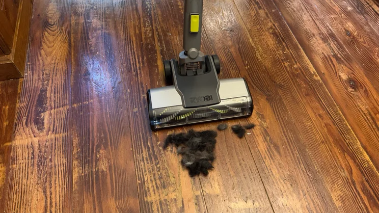 The Ryobi 18V ONE+ Cordless Stick pictured after the pet hair on hard floor test
