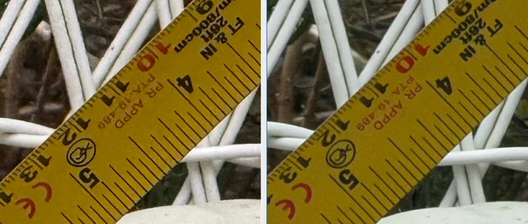 A side by side camera comparison of the iPhone 16 Pro's 8x camera capability and the iPhone 17 Pro Max's 8x camera capability (image cropped)