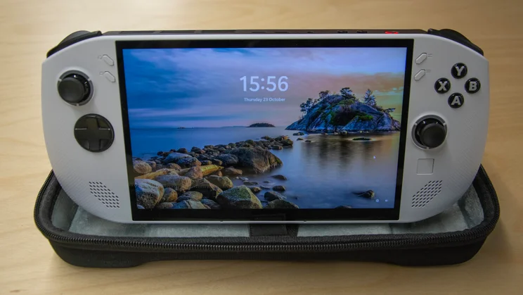 The Lenovo Legion Go S stood up in a carrying case