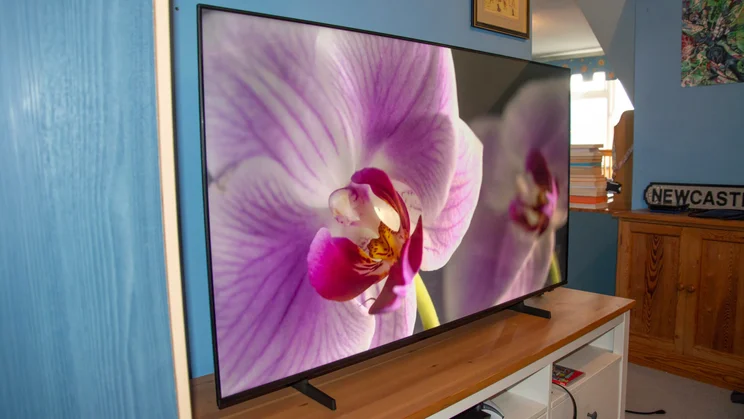 Left view of the Samsung U8000F 4K TV displaying an image of a purple flower