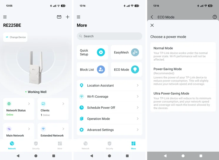 Three screengrabs of the TP-Link Tether Android app for the TP-Link RE225BE wireless extender