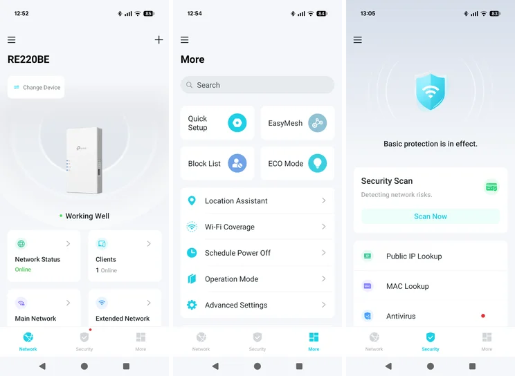 Three screengrabs of the TP-Link Tether Android app for the TP-Link RE220BE wireless extender