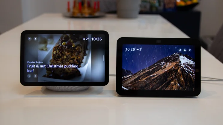 The Amazon Echo Show 8 (4th gen, 2025) pictured from the front, next to the 3rd gen Echo Show 8