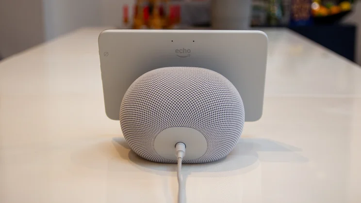 The Amazon Echo Show 8 (4th gen, 2025) pictured from the rear on a white table