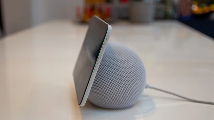 The Amazon Echo Show 8 (4th gen, 2025) pictured from the left side on a white table
