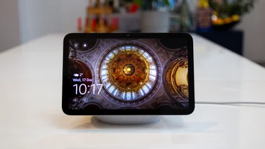 The Amazon Echo Show 8 (4th gen, 2025) pictured from the front on a white table