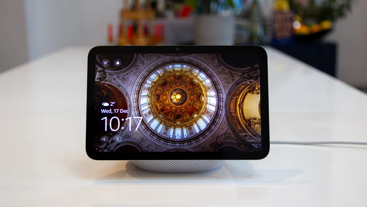 The Amazon Echo Show 8 (4th gen, 2025) pictured from the front on a white table