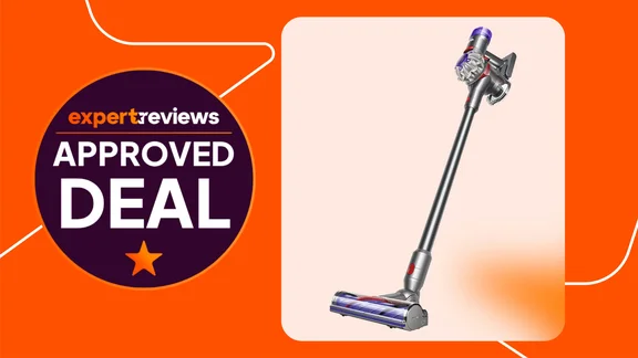Dyson V8 vacuum on an orange background with an approved deal graphic next to it