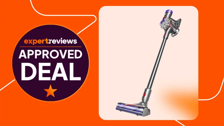 Dyson V8 vacuum on an orange background with an approved deal graphic next to it