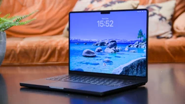 M5 Apple MacBook Pro 2025 open, pictured from the front right corner