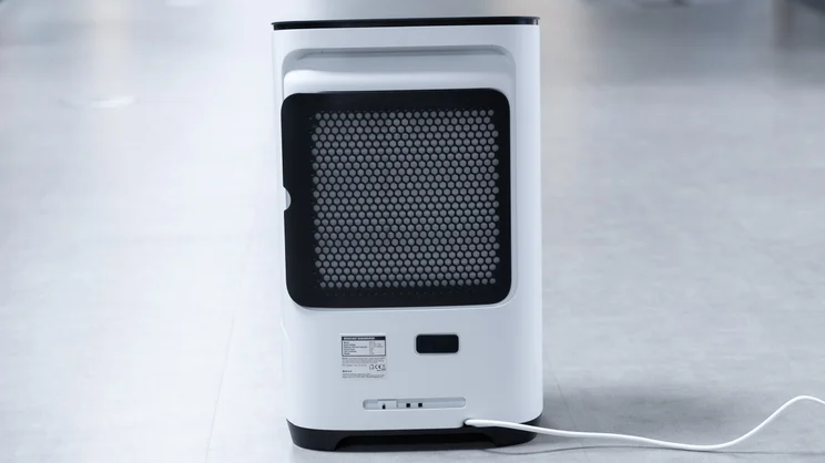 The Meaco DD8L Pro dehumidifier, from the back, on an office floor