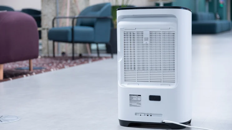 The Meaco DD8L Pro dehumidifier from the back, with filter cover removed, in an office