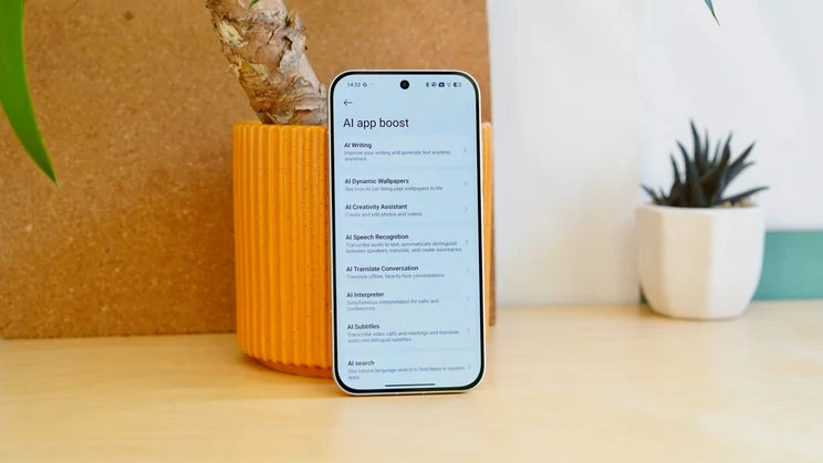 Poco F8 Pro leaning against a plant pot, settings on the display