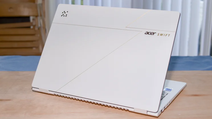 The Acer Swift Edge 14 AI, open, viewed from the rear