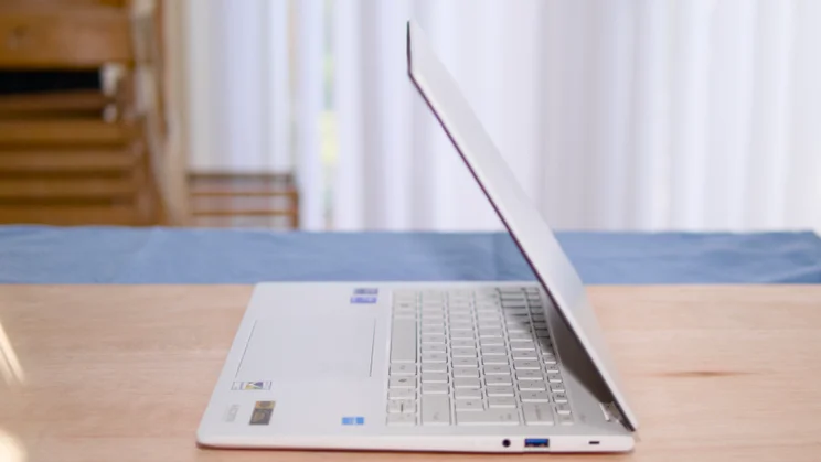 The Acer Swift Edge 14 AI open, viewed from the right side