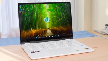 The Acer Swift Edge 14 AI viewed from the front, off to the left