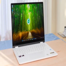 The Acer Swift Edge 14 AI viewed from the front, off to the left