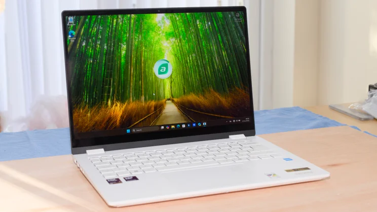 The Acer Swift Edge 14 AI viewed from the front, off to the left