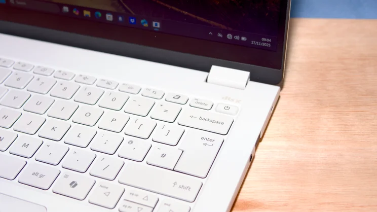 The Acer Swift Edge 14 AI's keyboar, focusing on the power button and fingerprint reader