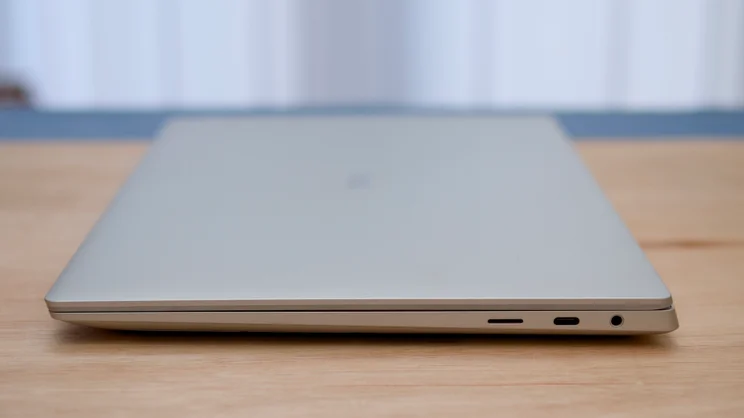 The Dell 14 Premium, closed, photographed from the right