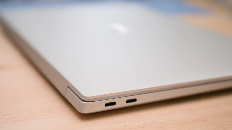 The Dell 14 Premium, closed, pictured from the rear left