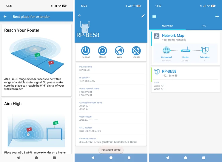 Three screenshots of the Asus RP-58BE's Android companion app
