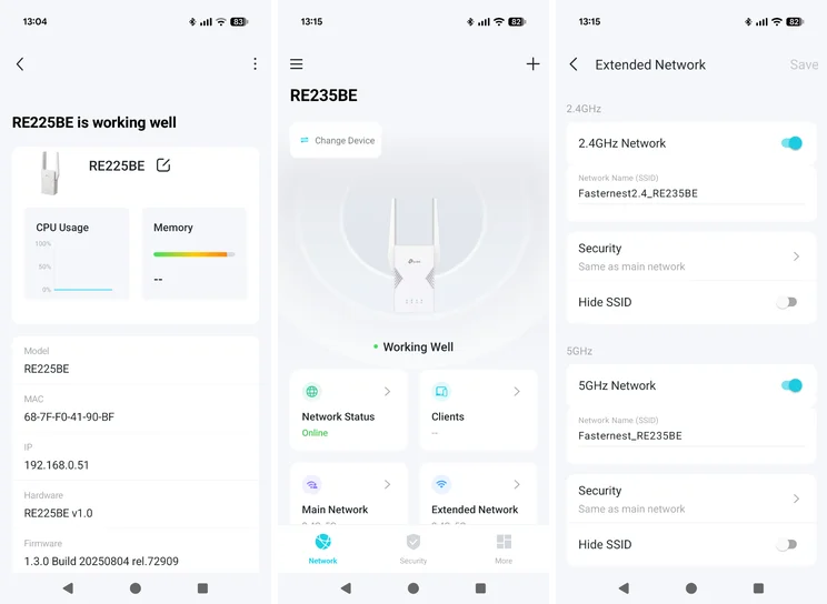 Three screenshots of the TP-Link Tether app for the TP-Link RE235BE wireless extender