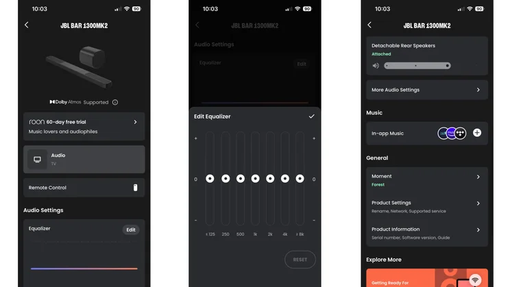 Three screenshots from the JBL One app showing the home page and EQ options