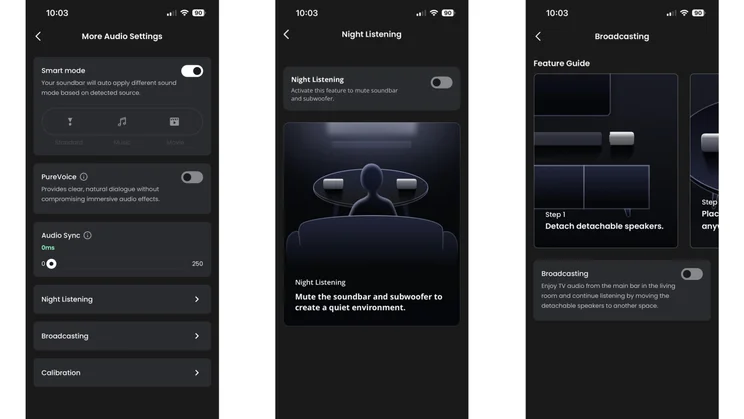 Three screenshots of the JBL One app displaying the various audio settings available