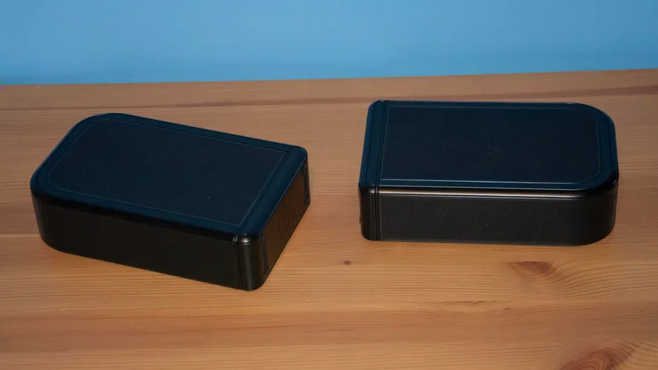 The JBL Bar 1300 MkII's detachable rear speakers both in horizontal orientation
